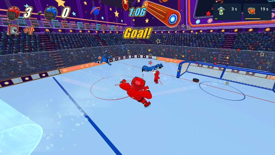 Players fly through the air after a goal in the neon-lit Ricochet arena