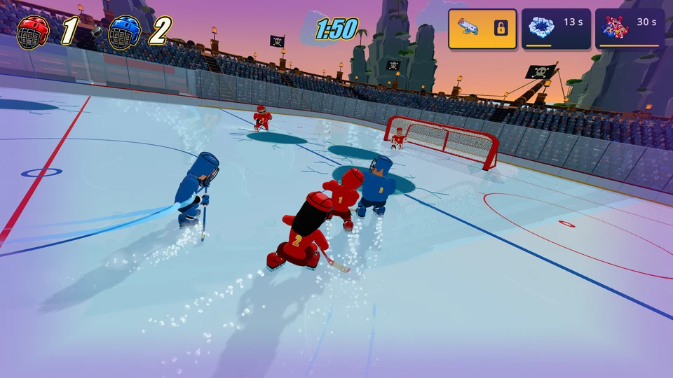 Red and blue hockey players chase the puck across broken ice in the pirate-themed Grand Galleon arena