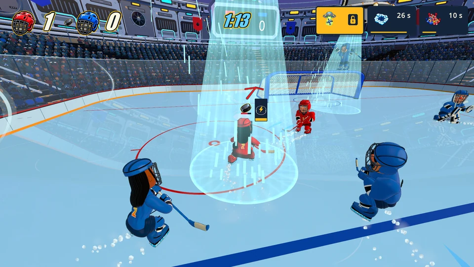 A red hockey player is caught in a UFO tractor beam in the Mothership arena