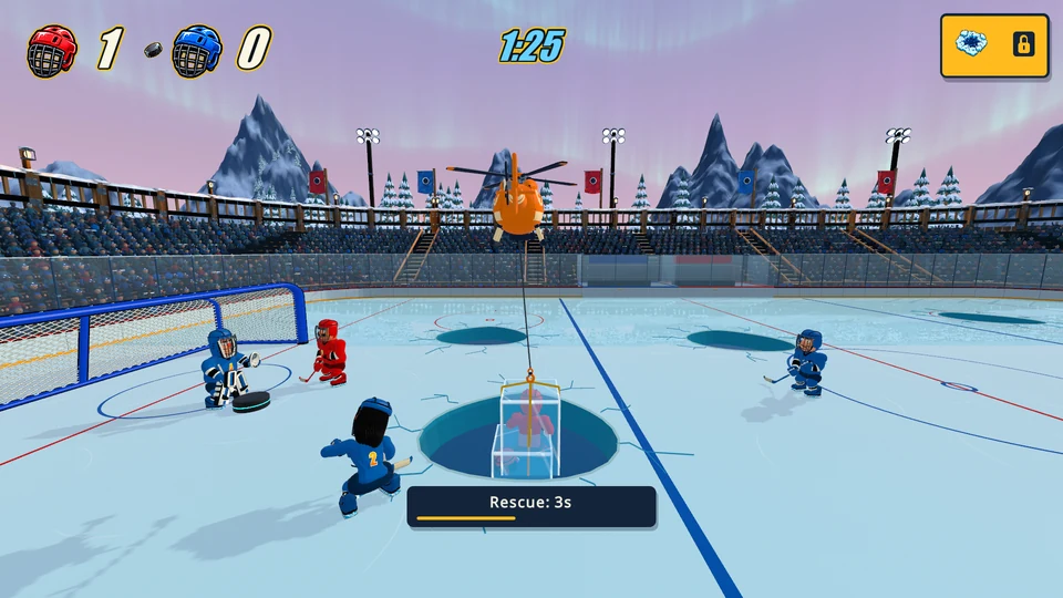 A helicopter rescues a frozen hockey player from a hole in the Thin Ice arena