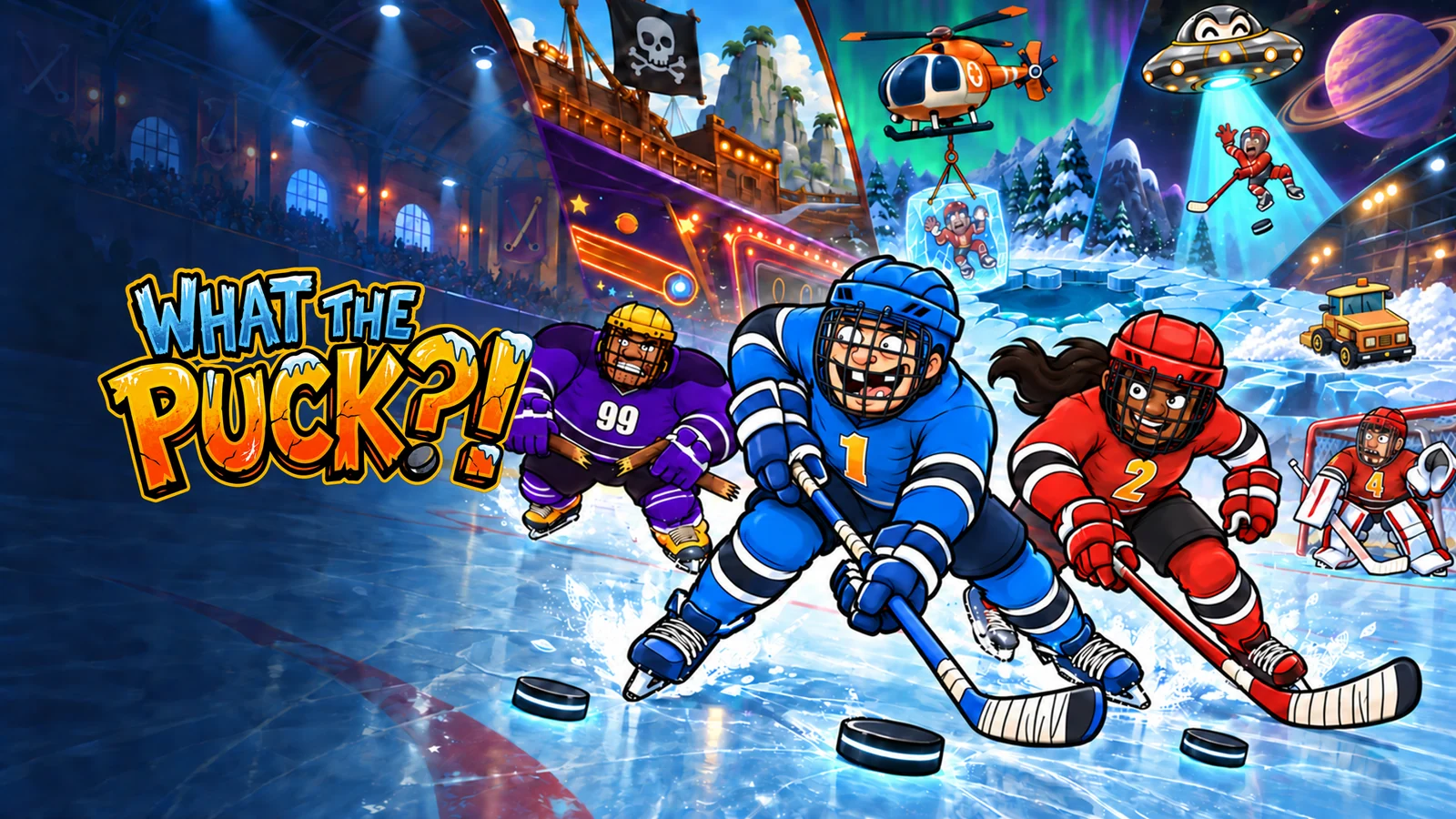What The Puck?! promotional artwork with cartoon hockey players and chaotic arenas
